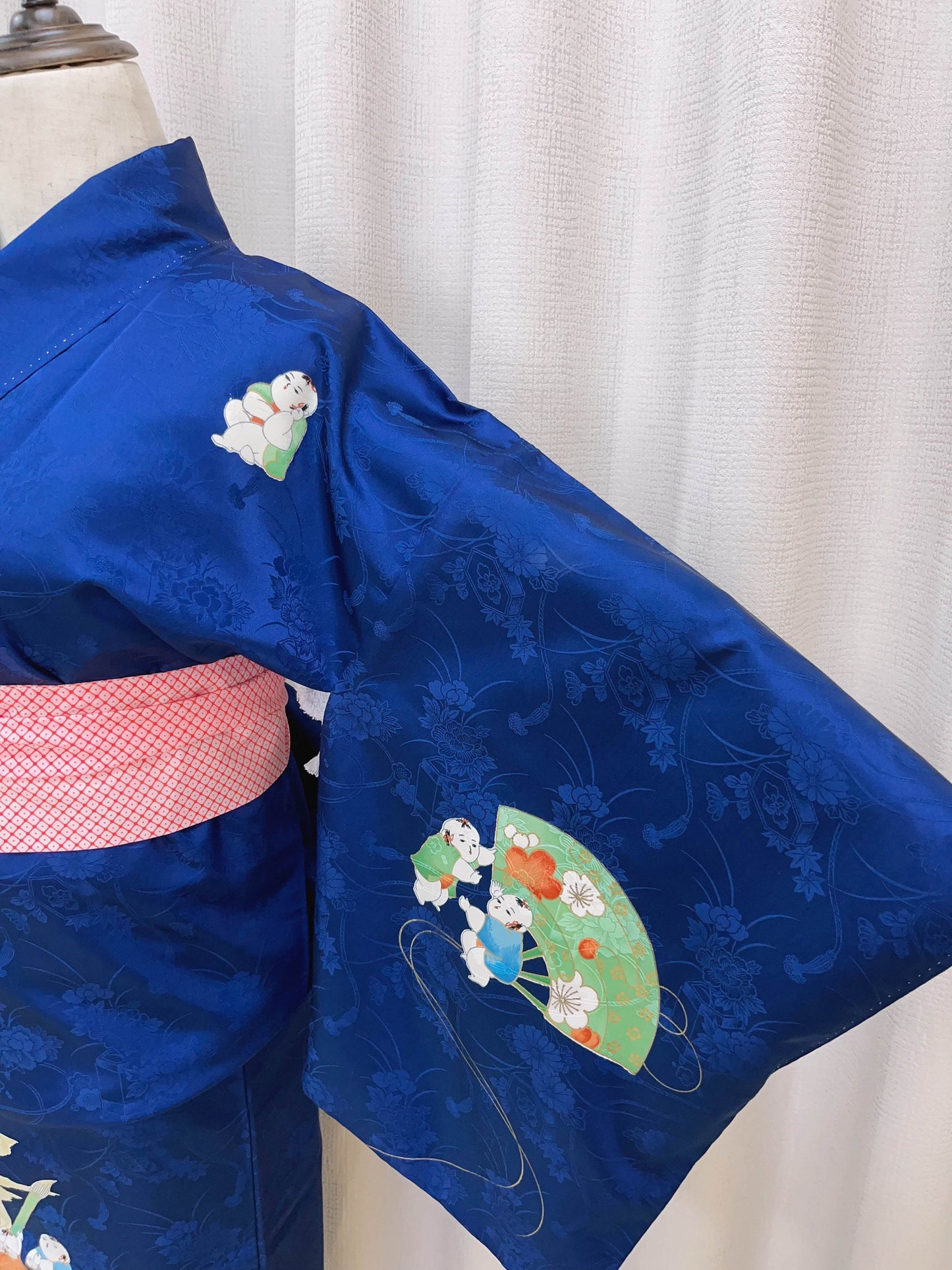 Rank A+ Vintage Houmongi Kimono, Children's Play Motif, 'Longevity' Calligraphy, Dark Blue Kimono