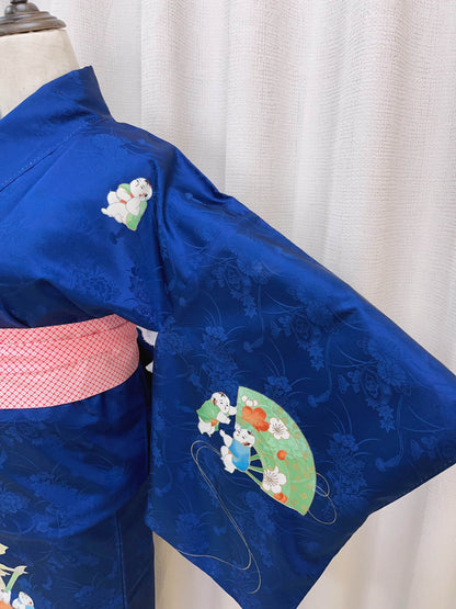 Rank A+ Vintage Houmongi Kimono, Children's Play Motif, 'Longevity' Calligraphy, Dark Blue Kimono