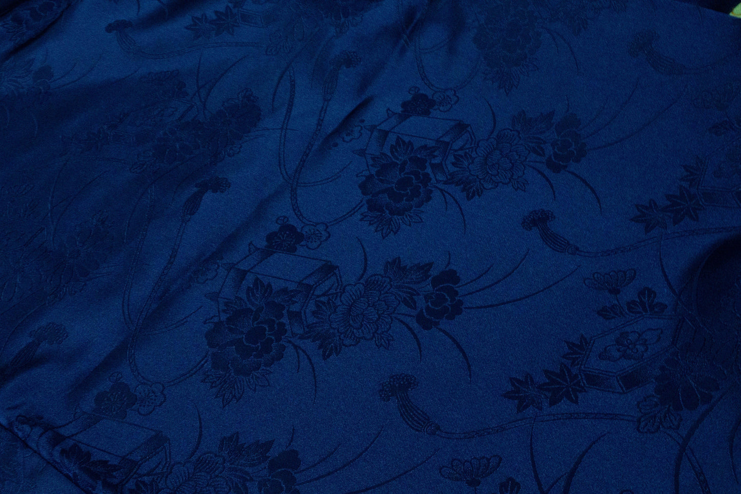 Rank A+ Vintage Houmongi Kimono, Children's Play Motif, 'Longevity' Calligraphy, Dark Blue Kimono