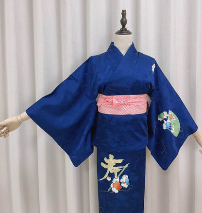 Rank A+ Vintage Houmongi Kimono, Children's Play Motif, 'Longevity' Calligraphy, Dark Blue Kimono