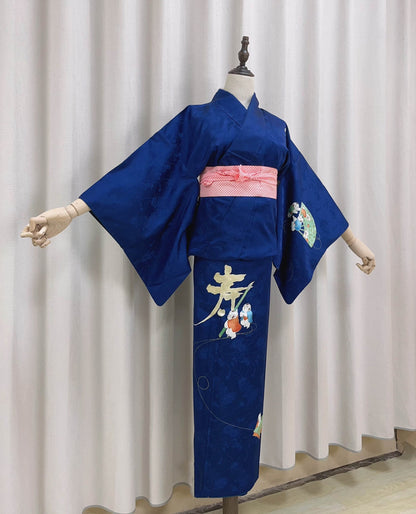 Rank A+ Vintage Houmongi Kimono, Children's Play Motif, 'Longevity' Calligraphy, Dark Blue Kimono