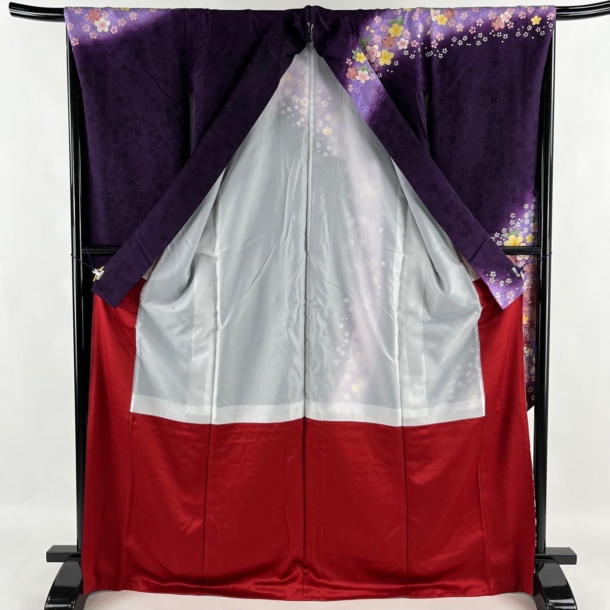 Vintage Silk Furisode Kimono: Japanese Dark purple With Floral Pattern (Women Kimono- Rank A)