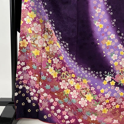 Vintage Silk Furisode Kimono: Japanese Dark purple With Floral Pattern (Women Kimono- Rank A)