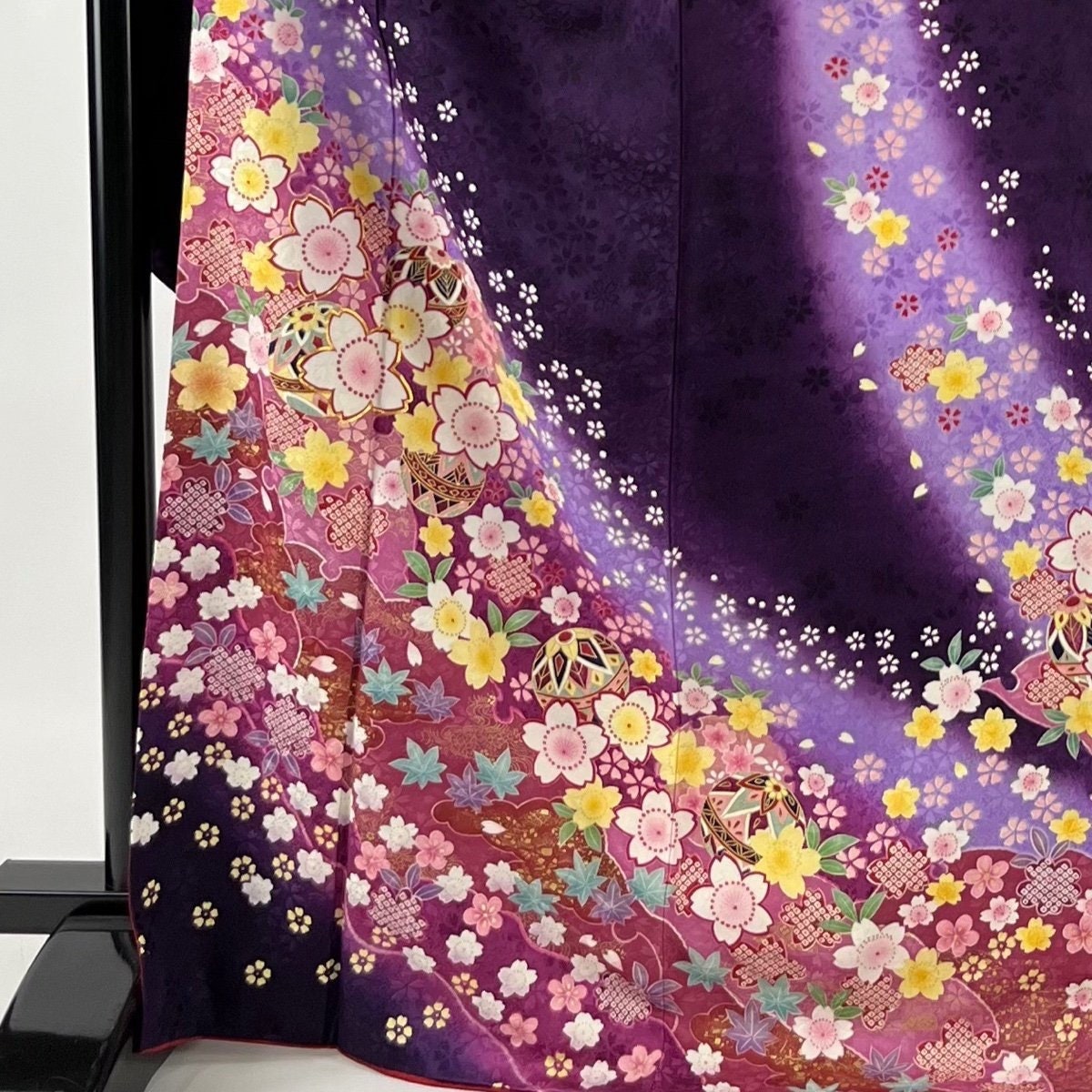 Vintage Silk Furisode Kimono: Japanese Dark purple With Floral Pattern (Women Kimono- Rank A)