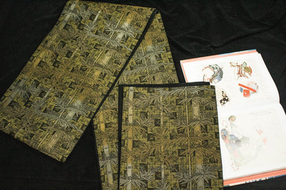 Vintage Silk Obi Belt: Bamboo Motif Kimono Sash (Rank A+)