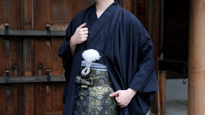 Men's Traditional Kimono 4PCS Gift Set: Nagagi, Haori Jacket, Kaku Obi Belt, Koshi Himo - Custom Kamon (Family Crest) Available