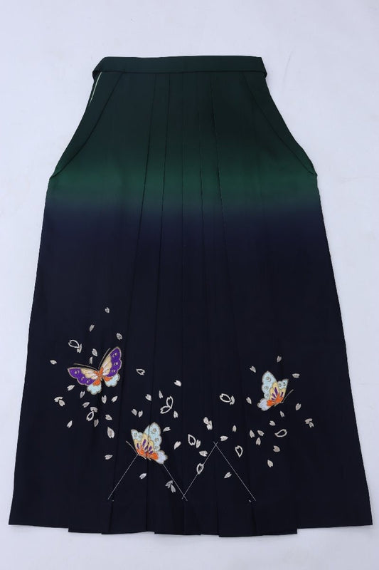 Vintage Women's Gradient Green Embroidered Traditional Hakama Skirt, 95CM