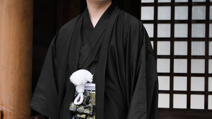 Traditional Men's Black Kimono 3PCS Set, Japanese Men's Kimono Nagagi, Kaku Obi, and Haori Jacket, Customisable Kamon (Family Crests)