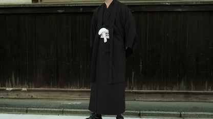 Traditional Men's Black Kimono 4PCS Set: Nagagi, Haori Jacket, Kaku Obi ,& Koshi Himo, Customisable Kamon (Family Crests) Available