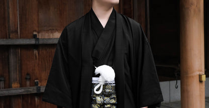 Traditional Men's Black Kimono 3PCS Set, Japanese Men's Kimono Nagagi, Kaku Obi, and Haori Jacket, Customisable Kamon (Family Crests)
