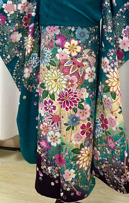 Vintage Silk Furisode Kimono: Floral Pattern, Dark Greenish Blue (Rank A)- A54