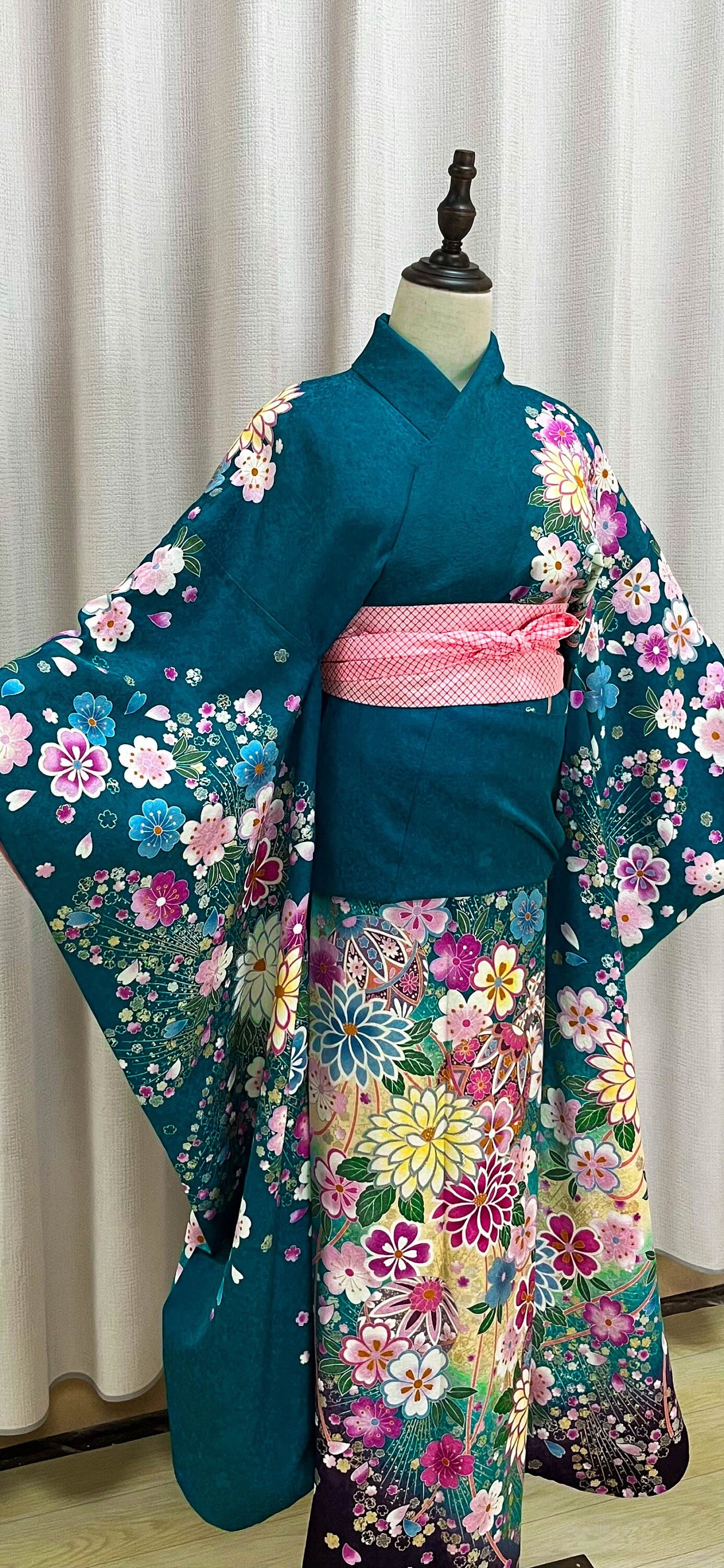 Vintage Silk Furisode Kimono: Floral Pattern, Dark Greenish Blue (Rank A)- A54
