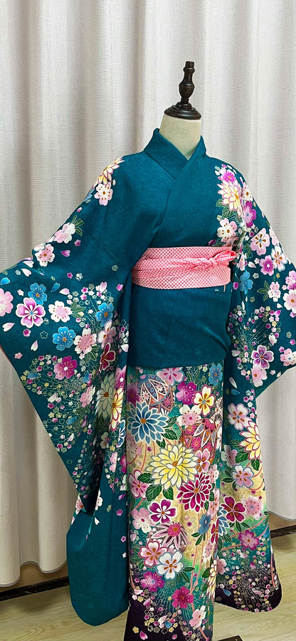 Vintage Silk Furisode Kimono: Floral Pattern, Dark Greenish Blue (Rank A)- A54