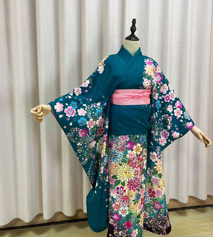 Vintage Silk Furisode Kimono: Floral Pattern, Dark Greenish Blue (Rank A)- A54