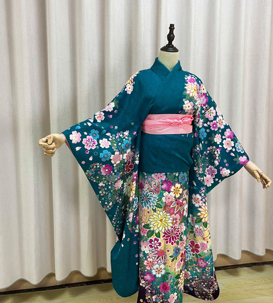 Vintage Silk Furisode Kimono: Floral Pattern, Dark Greenish Blue (Rank A)- A54