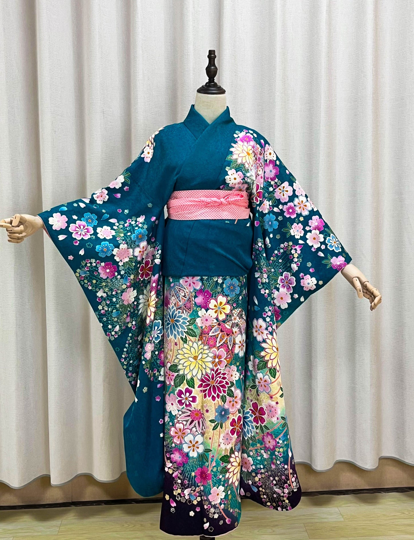 Vintage Silk Furisode Kimono: Floral Pattern, Dark Greenish Blue (Rank A)- A54