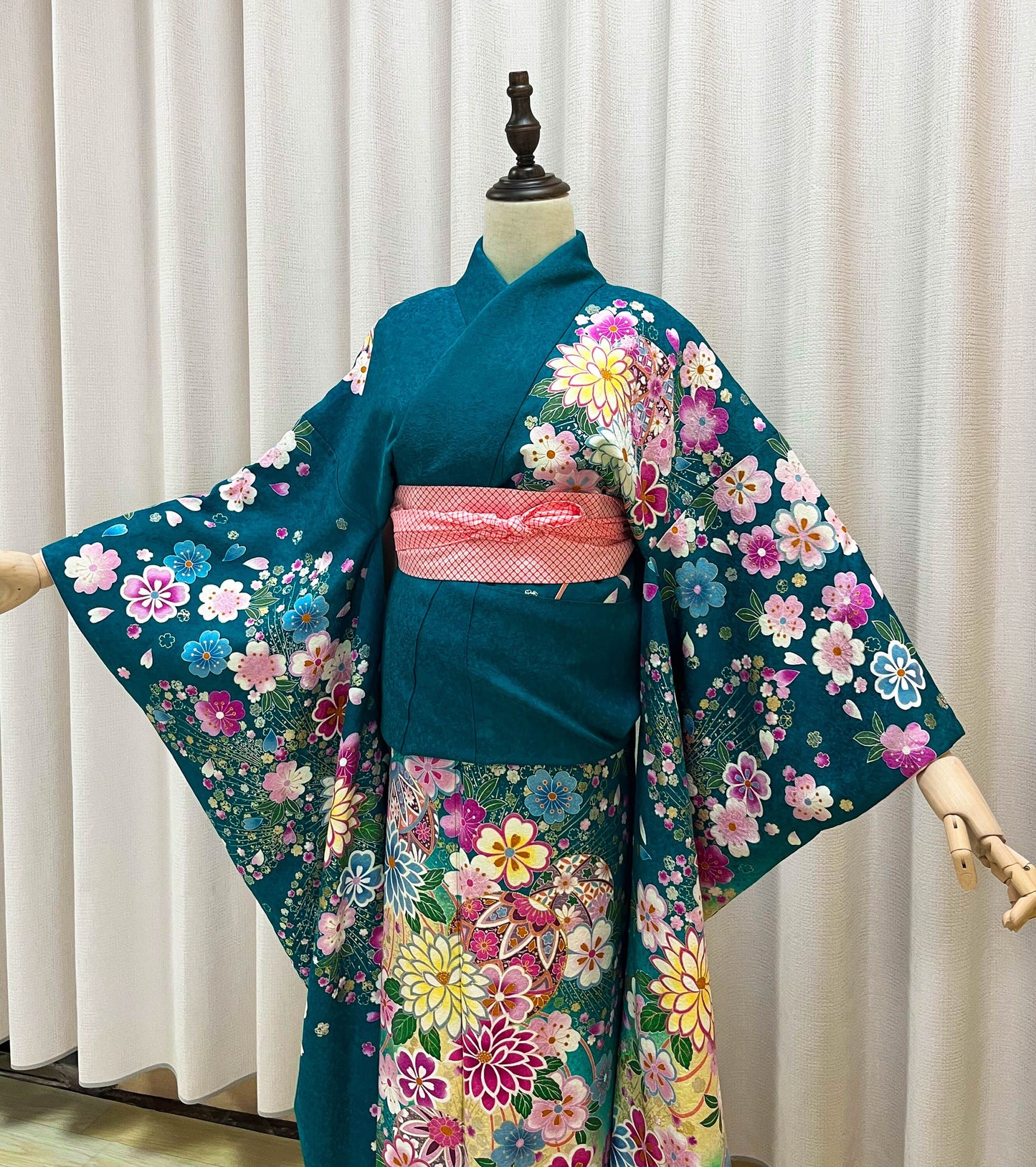 Vintage Silk Furisode Kimono: Floral Pattern, Dark Greenish Blue (Rank A)- A54