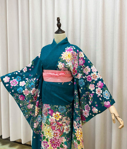 Vintage Silk Furisode Kimono: Floral Pattern, Dark Greenish Blue (Rank A)- A54