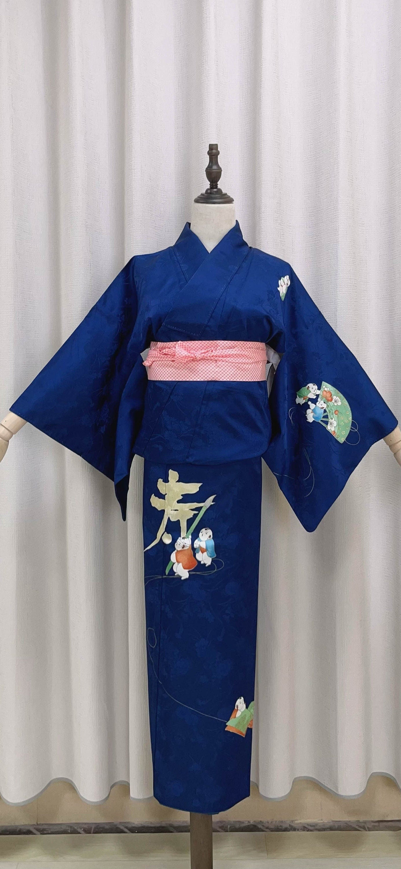 Rank A+ Vintage Houmongi Kimono, Children's Play Motif, 'Longevity' Calligraphy, Dark Blue Kimono