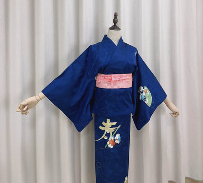 Rank A+ Vintage Houmongi Kimono, Children's Play Motif, 'Longevity' Calligraphy, Dark Blue Kimono