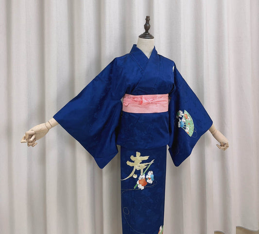 Rank A+ Vintage Houmongi Kimono, Children's Play Motif, 'Longevity' Calligraphy, Dark Blue Kimono