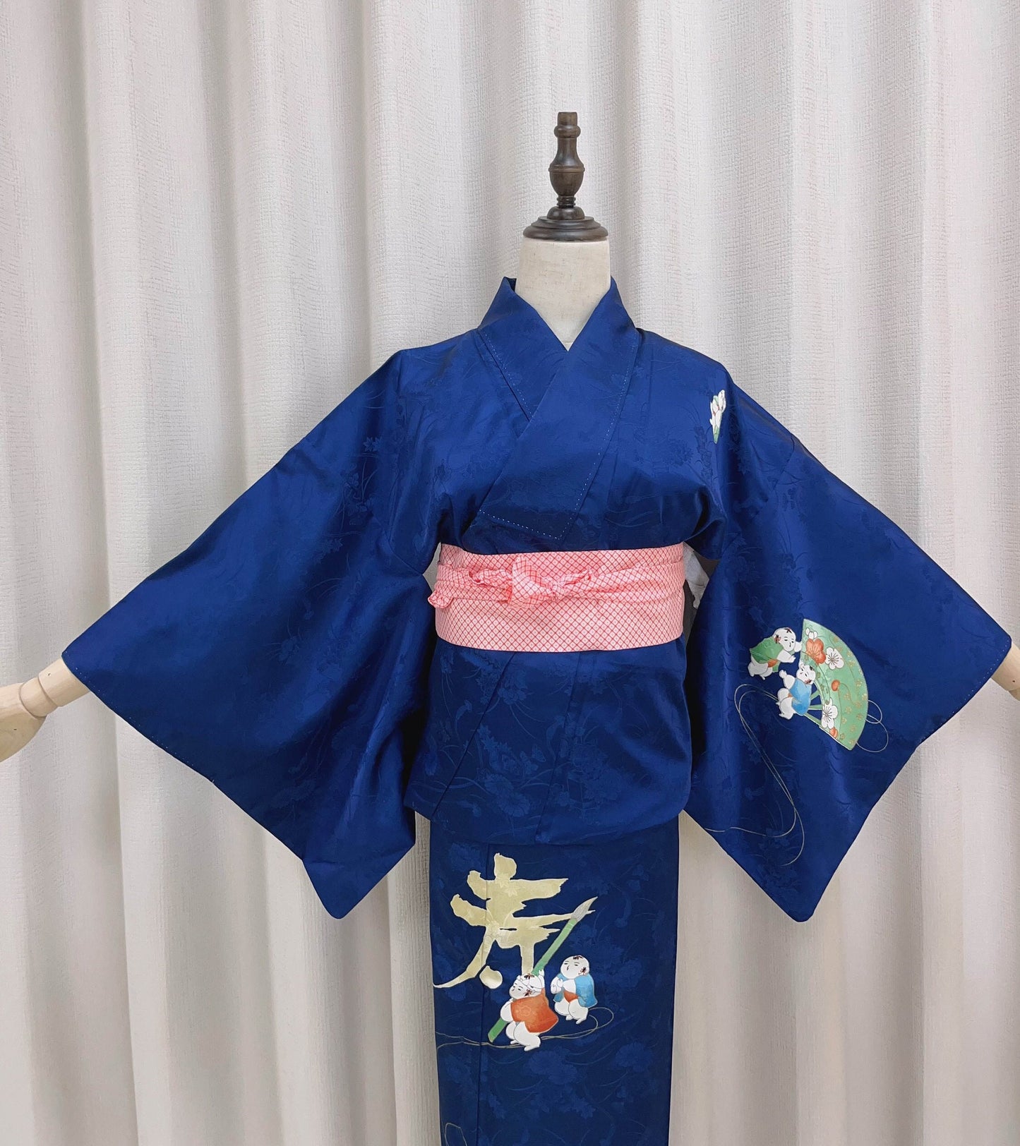 Rank A+ Vintage Houmongi Kimono, Children's Play Motif, 'Longevity' Calligraphy, Dark Blue Kimono