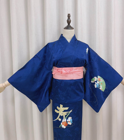 Rank A+ Vintage Houmongi Kimono, Children's Play Motif, 'Longevity' Calligraphy, Dark Blue Kimono
