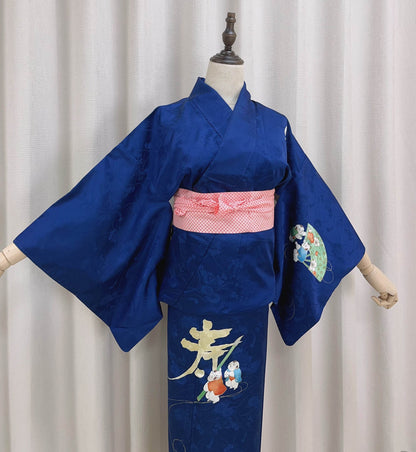 Rank A+ Vintage Houmongi Kimono, Children's Play Motif, 'Longevity' Calligraphy, Dark Blue Kimono