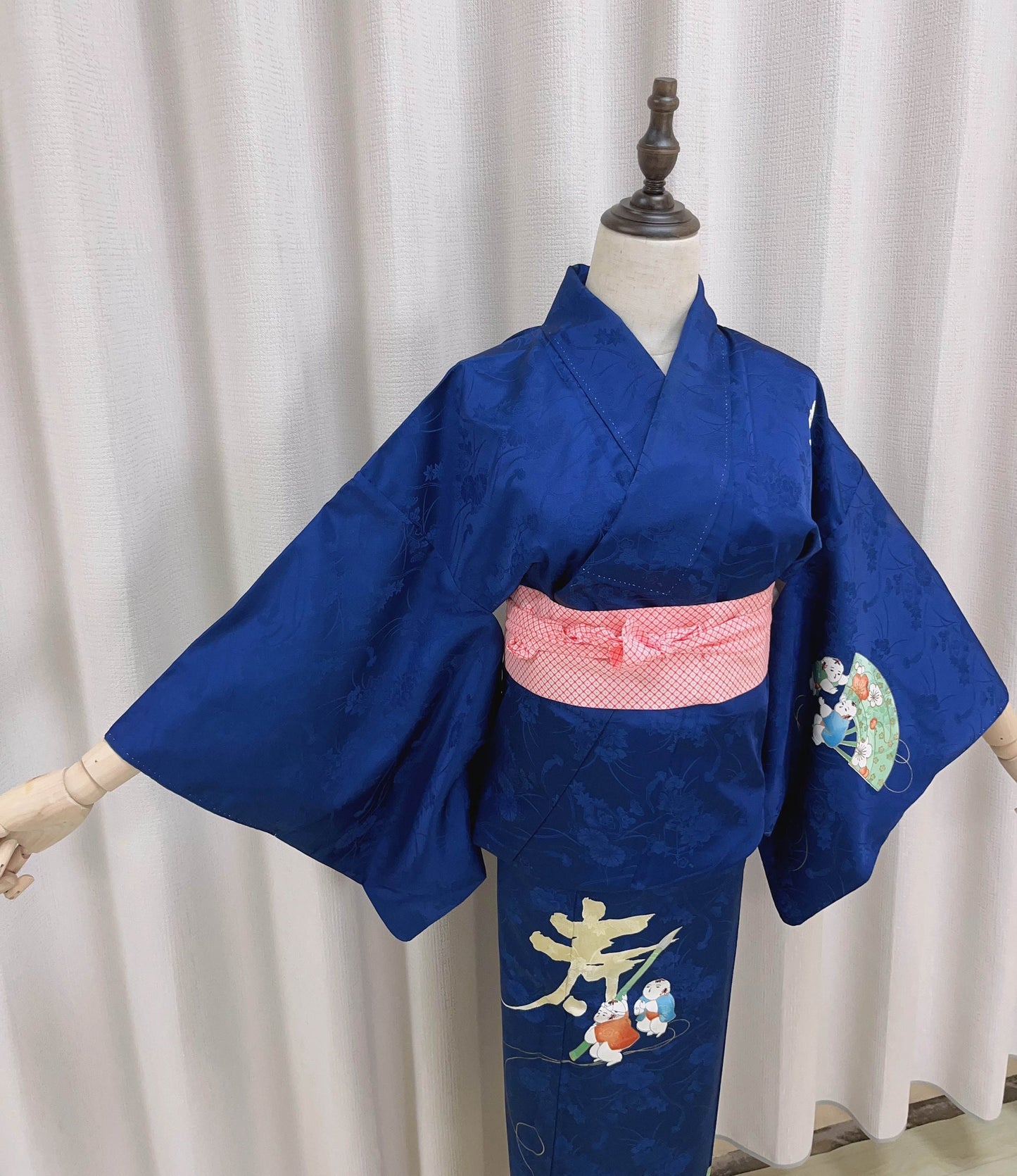 Rank A+ Vintage Houmongi Kimono, Children's Play Motif, 'Longevity' Calligraphy, Dark Blue Kimono