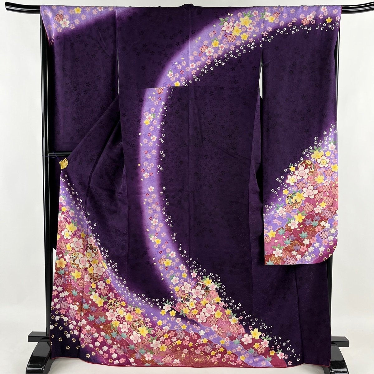 Vintage Silk Furisode Kimono: Japanese Dark purple With Floral Pattern (Women Kimono- Rank A)