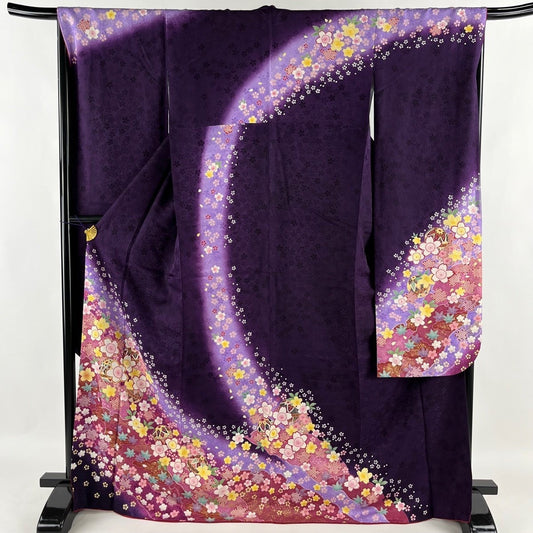 Vintage Silk Furisode Kimono: Japanese Dark purple With Floral Pattern (Women Kimono- Rank A)