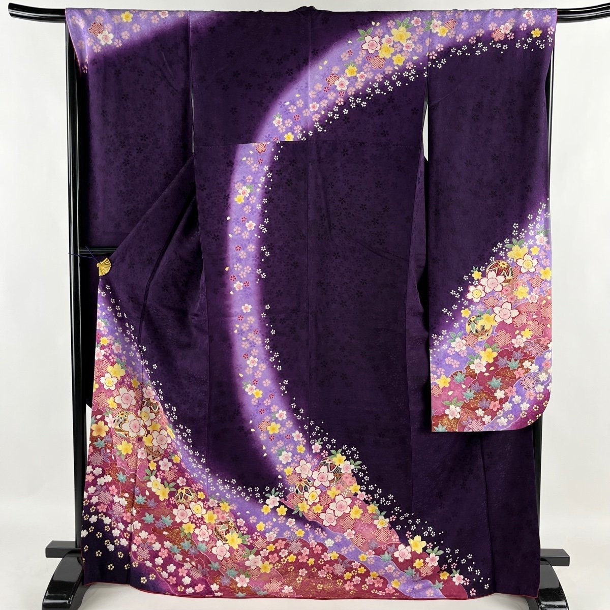 Vintage Silk Furisode Kimono: Japanese Dark purple With Floral Pattern (Women Kimono- Rank A)