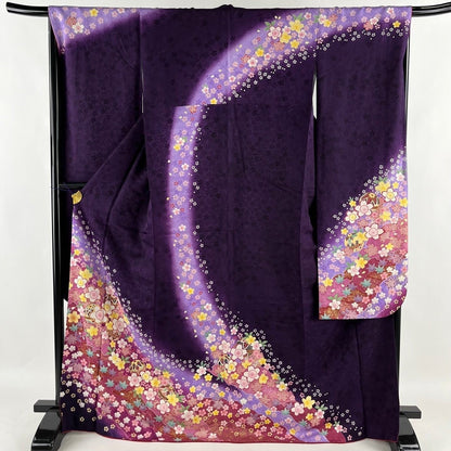 Vintage Silk Furisode Kimono: Japanese Dark purple With Floral Pattern (Women Kimono- Rank A)
