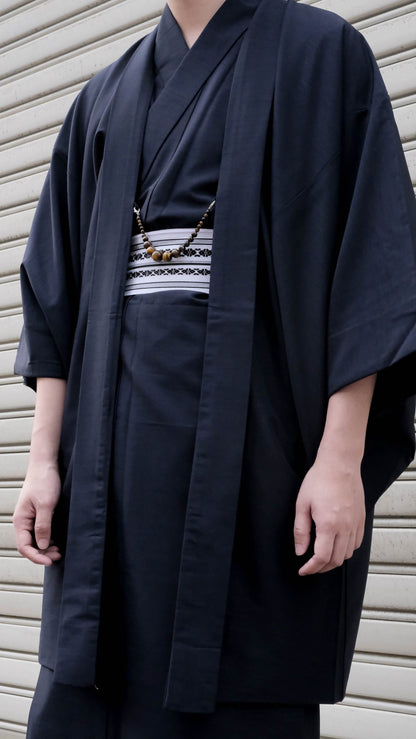 Men's Kimono 3PCS Set: Nagagi, Obi & Haori Jacket - Custom Kamon (Family Crest)