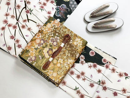 Vintage Fukuro Obi & Handmade Kimono Set: Sakura Pattern