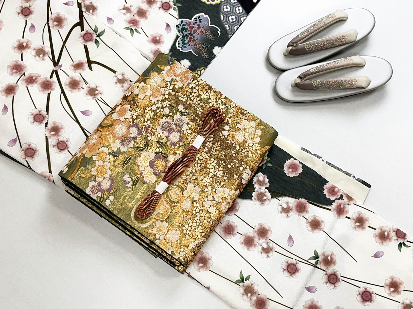 Vintage Fukuro Obi & Handmade Kimono Set: Sakura Pattern