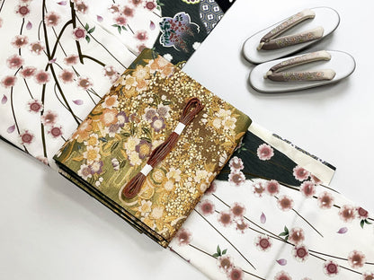 Vintage Fukuro Obi & Handmade Kimono Set: Sakura Pattern