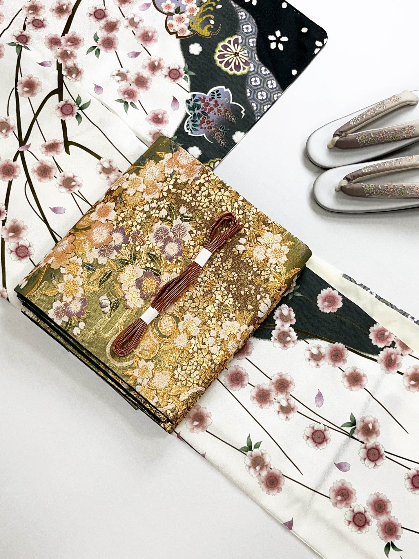 Vintage Fukuro Obi & Handmade Kimono Set: Sakura Pattern