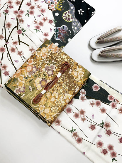 Vintage Fukuro Obi & Handmade Kimono Set: Sakura Pattern