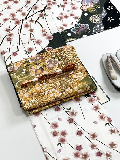 Vintage Fukuro Obi & Handmade Kimono Set: Sakura Pattern
