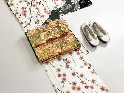 Vintage Fukuro Obi & Handmade Kimono Set: Sakura Pattern