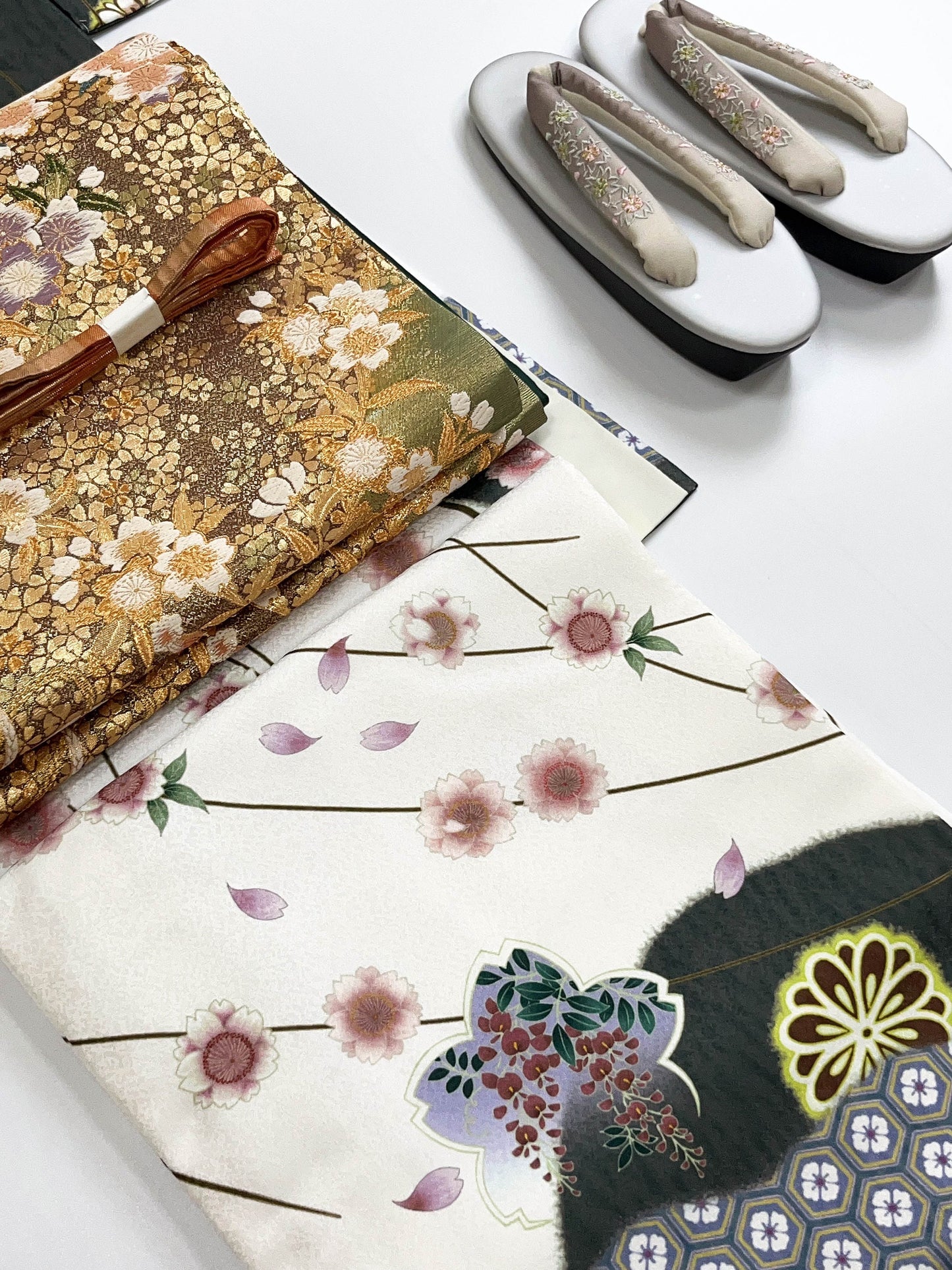 Vintage Fukuro Obi & Handmade Kimono Set: Sakura Pattern