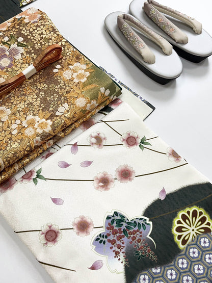 Vintage Fukuro Obi & Handmade Kimono Set: Sakura Pattern