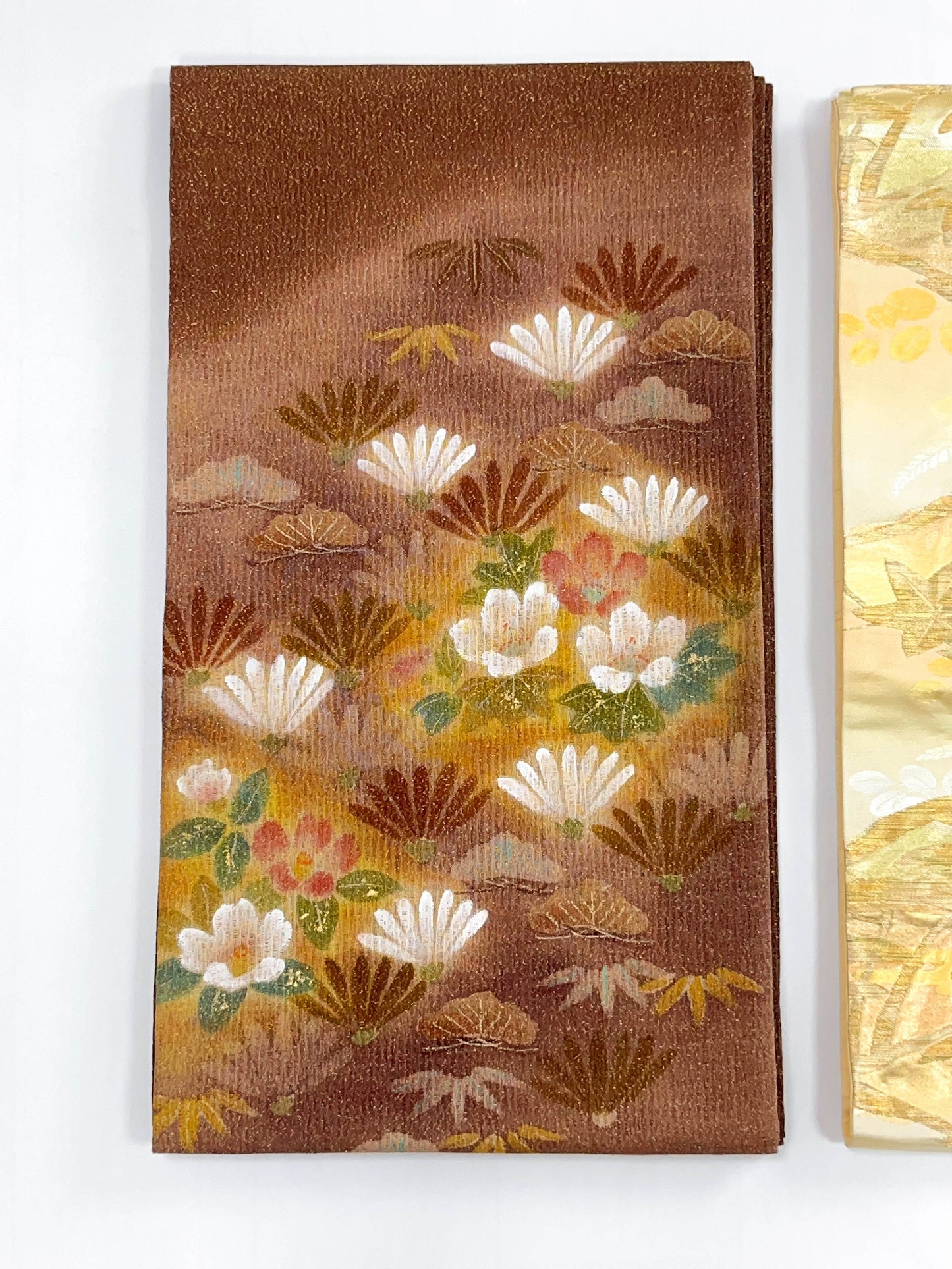 Lotus Fukuro Obi/Brown Obi/ Gold Threads Silk Obi