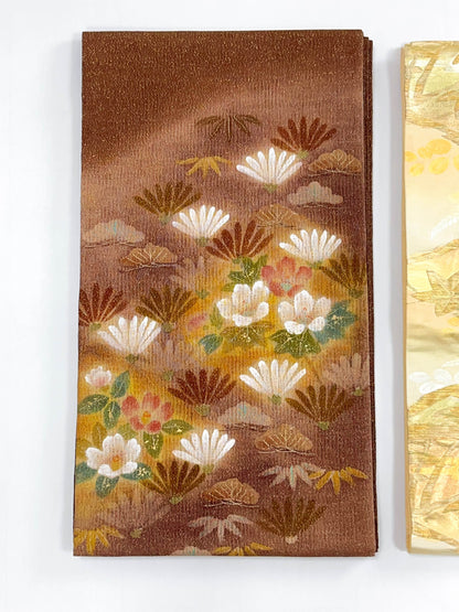 Lotus Fukuro Obi/Brown Obi/ Gold Threads Silk Obi