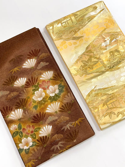 Gold Silk Fukuro Obi: Vintage Kimono Fabric, Floral Design (OB59)