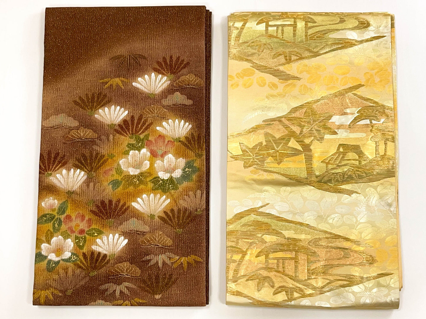 Gold Silk Fukuro Obi: Vintage Kimono Fabric, Floral Design (OB59)