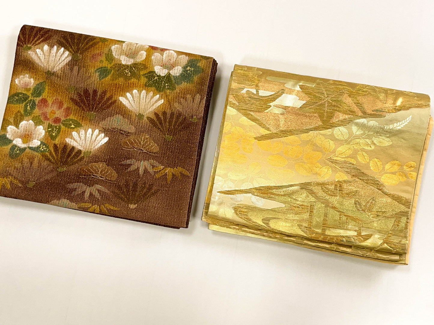 Gold Silk Fukuro Obi: Vintage Kimono Fabric, Floral Design (OB59)