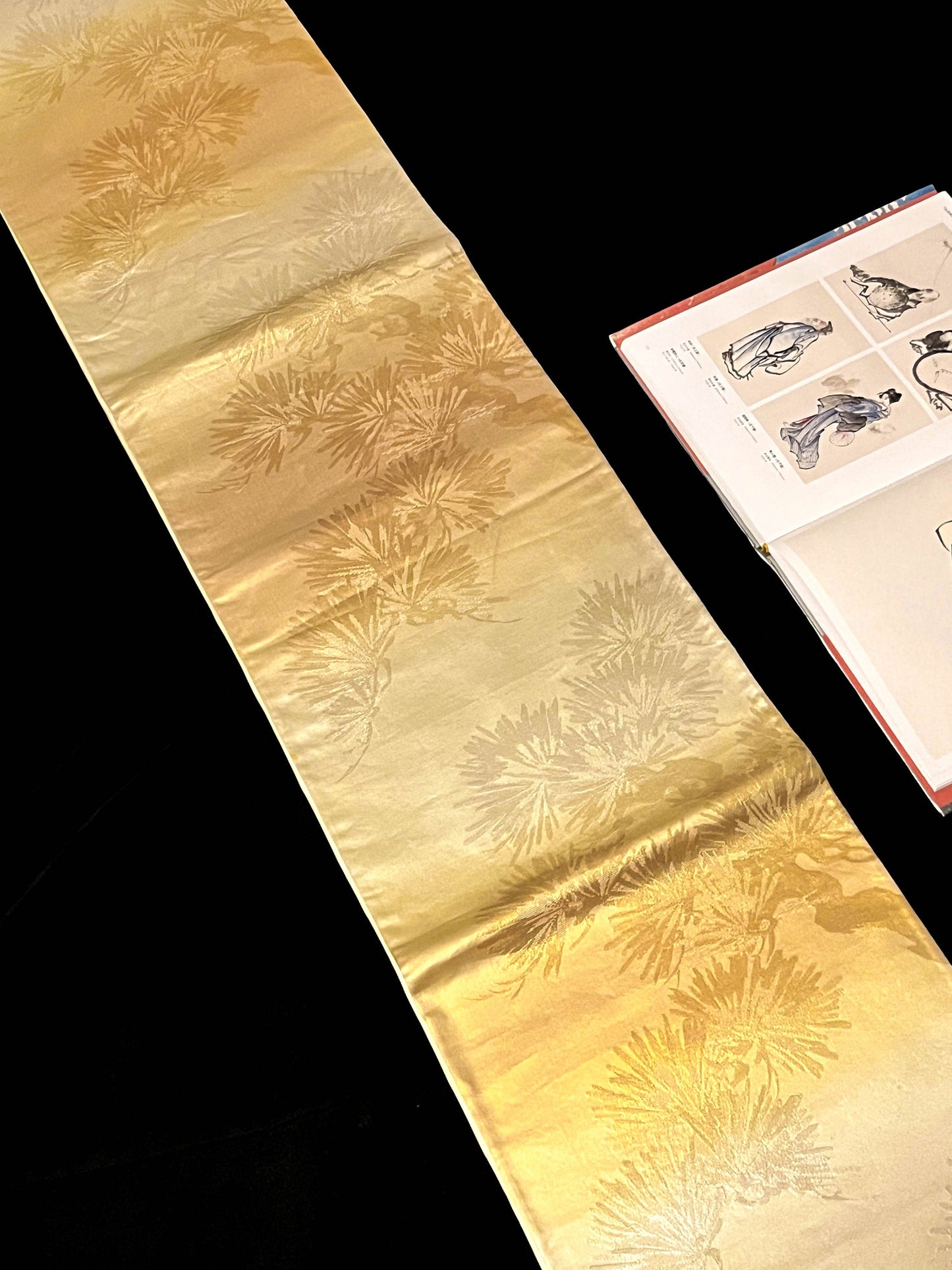 Gold Silk Fukuro Obi: Vintage Kimono Fabric, Floral Design (OB59)