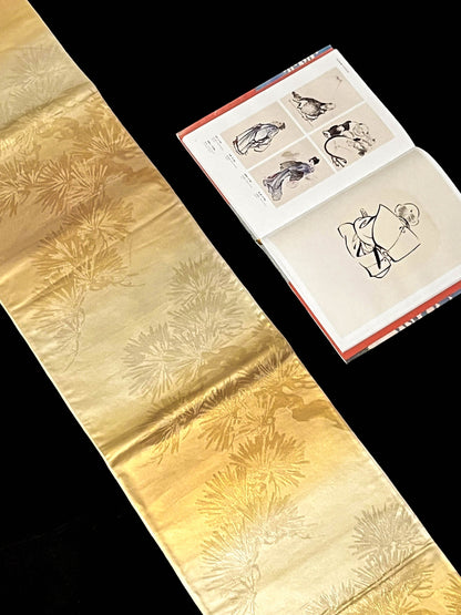 Gold Silk Fukuro Obi: Vintage Kimono Fabric, Floral Design (OB59)